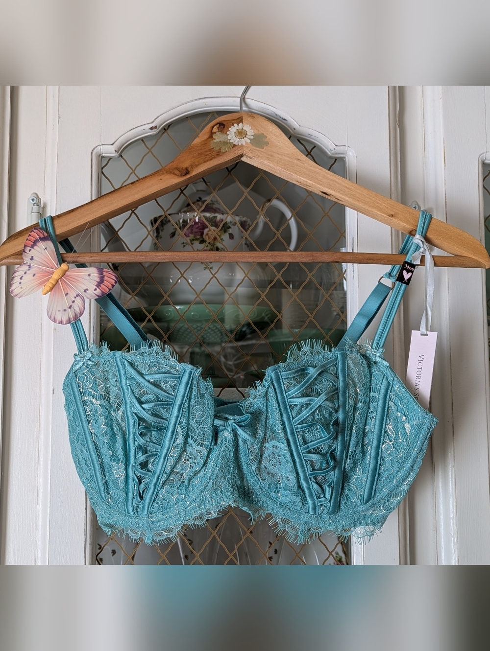 34DD Victoria's Secret Aqua Lace Bustier Bra Silver Sparkle Teal Romantic